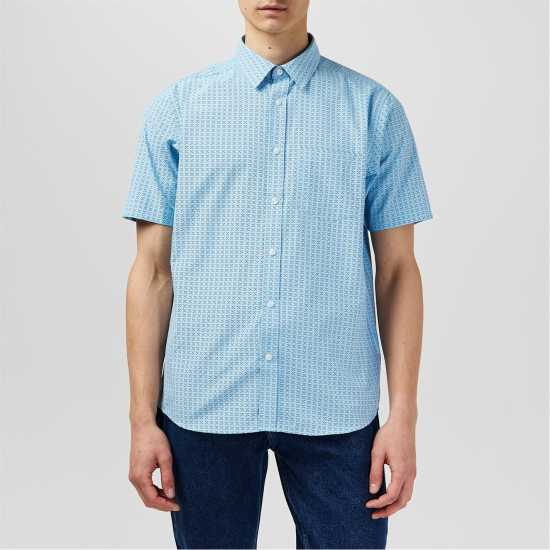 Fabric Мъжка Риза Short Sleeve Poplin Shirt Mens Светло син гео Мъжки ризи
