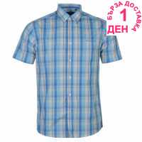 Pierre Cardin Карирана Мъжка Риза Cotton Short Sleeve Check Shirt Mens Sky/Blue/Wht Мъжки ризи