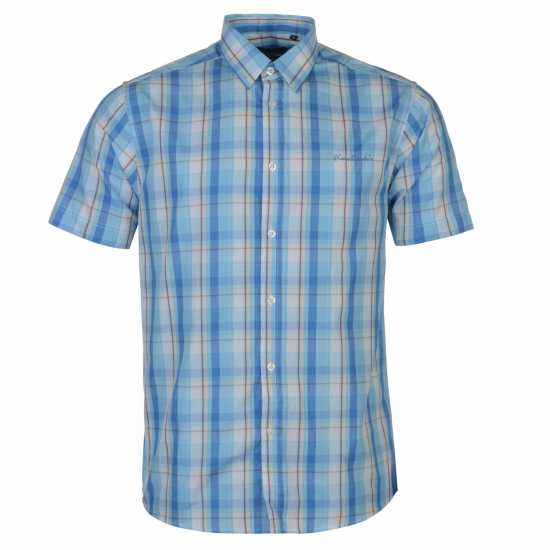 Pierre Cardin Карирана Мъжка Риза Cotton Short Sleeve Check Shirt Mens Sky/Blue/Wht - Мъжки ризи