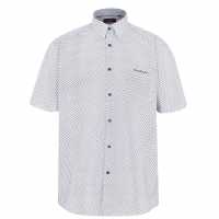 Pierre Cardin Мъжка Риза Къс Ръкав Cardin Short Sleeve Shirt Mens White/Blue Geo Мъжко облекло за едри хора