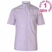 Pierre Cardin Мъжка Риза Къс Ръкав Short Sleeve Shirt Mens Pink/Blue Check Мъжко облекло за едри хора