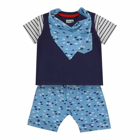 & Sid Blue Fish Print Top Short And Bib Set & Sid Blue Fish Print Top Short And Bib Set