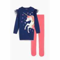 Girls Unicorn Knitted Tulle Dress And Tights Set Navy/pink  Детски тениски и фланелки