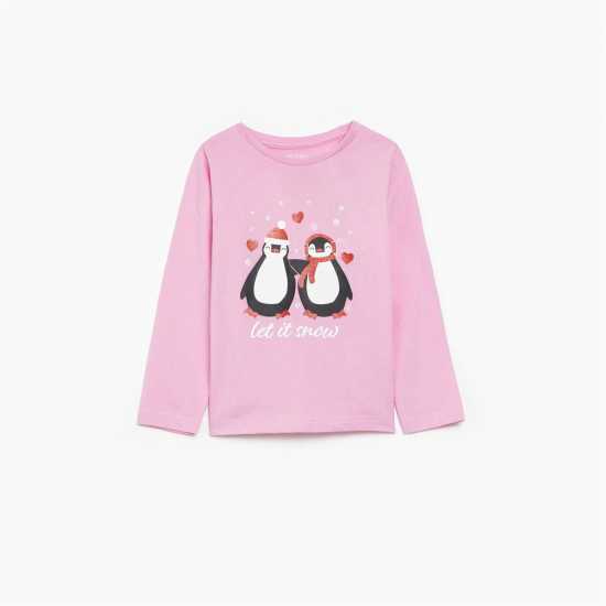Girls Christmas Penguin T-Shirt Pink  Детски тениски и фланелки