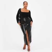 I Saw It First Faux Leather Split Front Midi Skirt Black Дамско облекло плюс размер