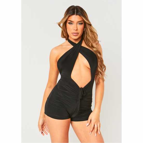 Дамски къси панталони Missy Empire Double Layer Slinky Cross Over Cut Out Playsuit Missy Empire Double Layer Slinky Cross Over Cut Out Playsuit Дамски къси панталони