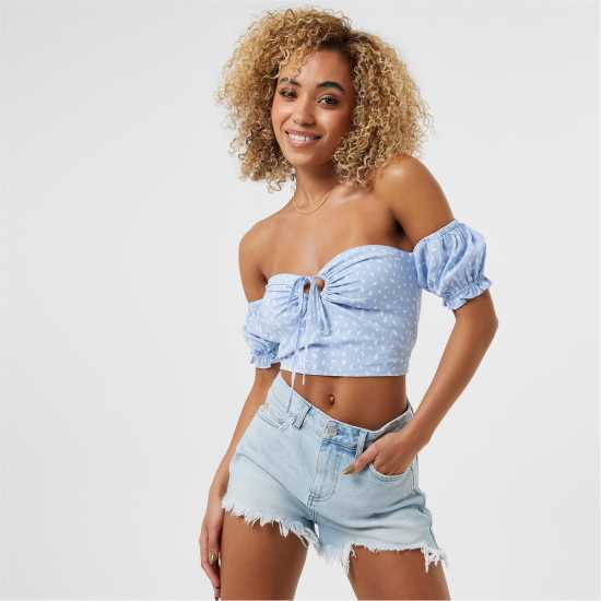 Jack Wills Off Shoulder Crop Top Син принт Дамски ризи и тениски