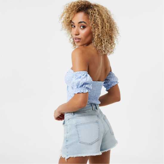 Jack Wills Off Shoulder Crop Top Син принт Дамски ризи и тениски