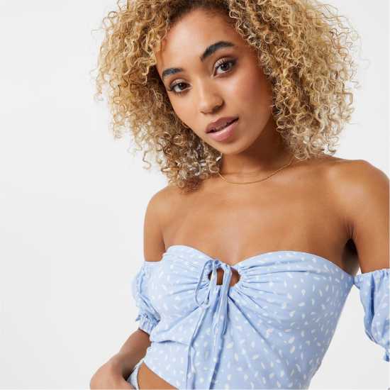 Jack Wills Off Shoulder Crop Top Син принт Дамски ризи и тениски