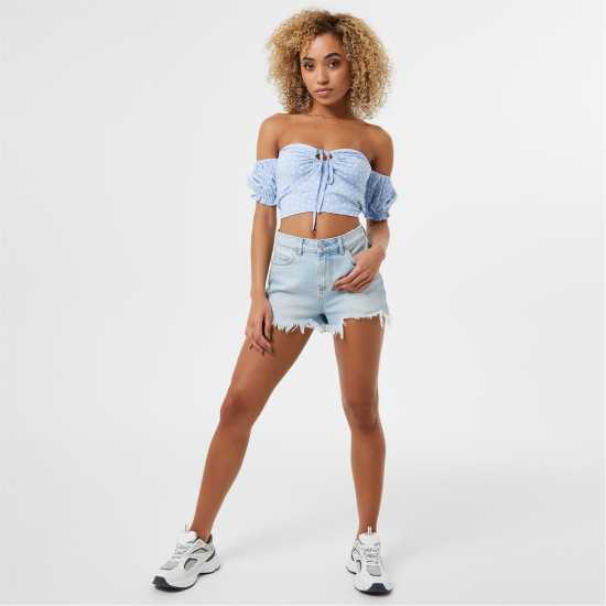 Jack Wills Off Shoulder Crop Top Син принт Дамски ризи и тениски