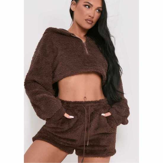 Шорти С Връв Missy Empire Teddy Drawstring Shorts Шоколад Дамски къси панталони