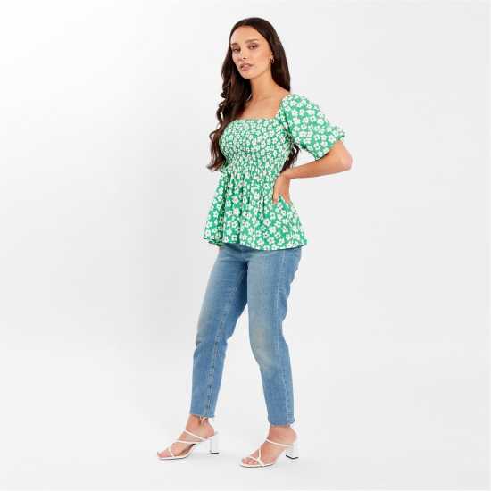 Be You Square Neck Puff Sleeve Short Blouse Зелен цветен Be You Square Neck Puff Sleeve Short Blouse Зелен цветен