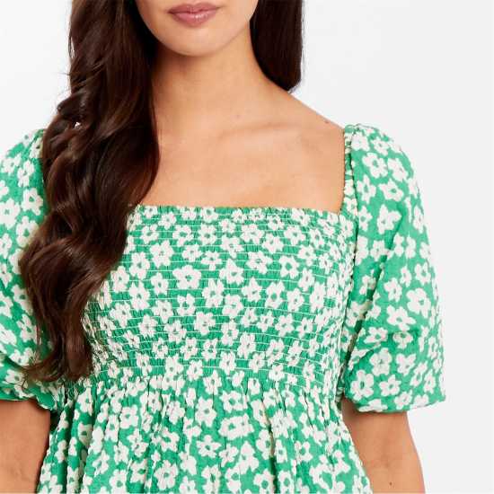 Be You Square Neck Puff Sleeve Short Blouse Зелен цветен Be You Square Neck Puff Sleeve Short Blouse Зелен цветен