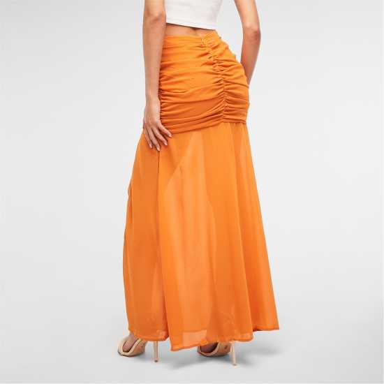 Mesh Ruched Split Hem Midaxi Skirt  Дамско облекло плюс размер