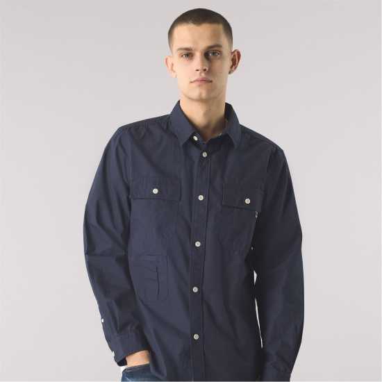 Pretty Green Men's Brentwood Long-Sleeve Plain Shirt Морска синьо 