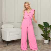 I Saw It First V Neck Frill Detail Wide Leg Jumpsuit Pink Дамски поли и рокли