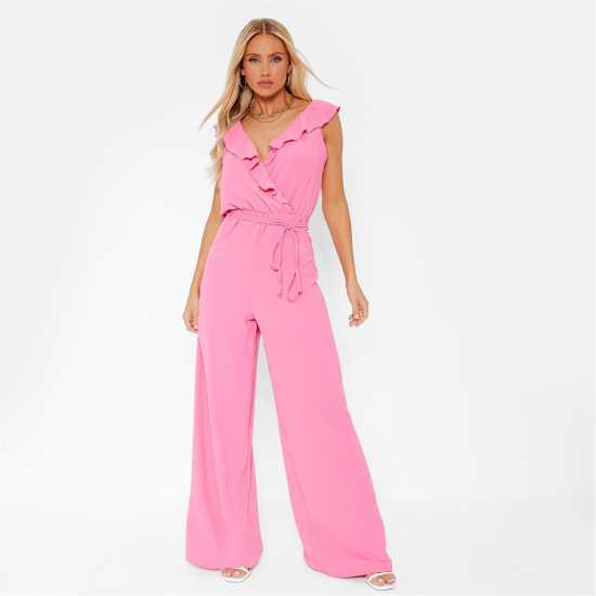I Saw It First V Neck Frill Detail Wide Leg Jumpsuit Pink Дамски поли и рокли