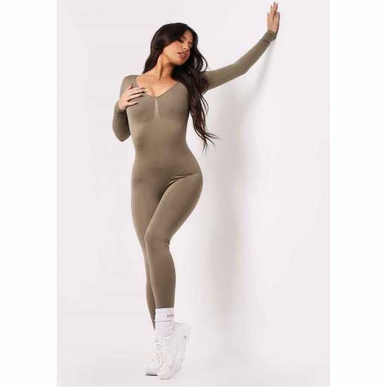 Missy Empire Seamless Long Sleeve Plunge Jumpsuit Womens Олива Дамски поли и рокли