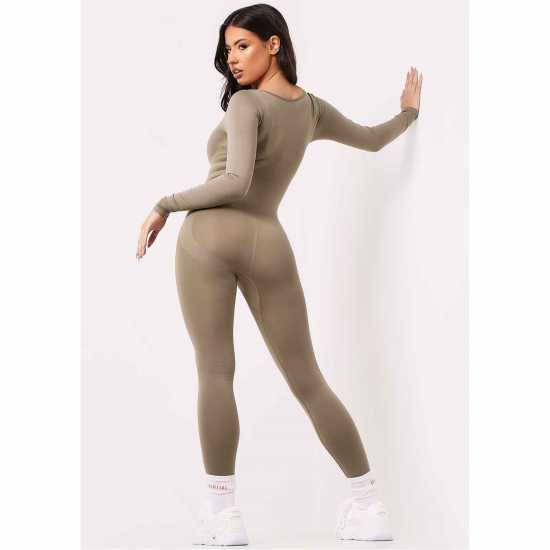 Missy Empire Seamless Long Sleeve Plunge Jumpsuit Womens Олива Дамски поли и рокли