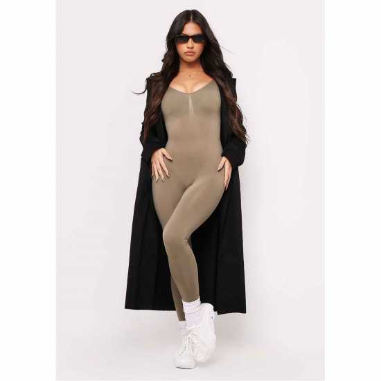 Missy Empire Seamless Long Sleeve Plunge Jumpsuit Womens Олива Дамски поли и рокли