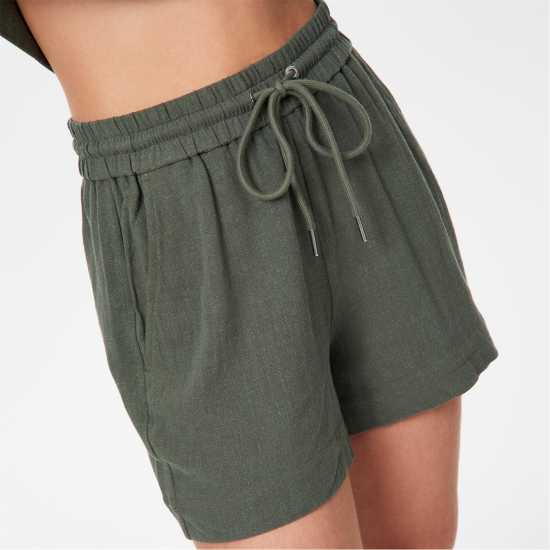 Linen-Blend Shorts Khaki Дамски къси панталони