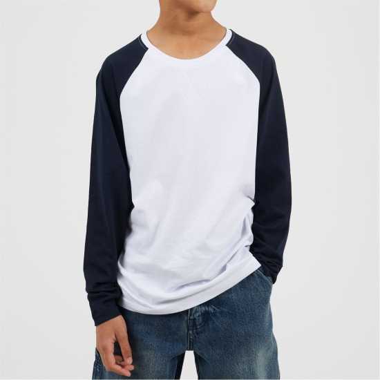 Brave Soul Boys Long Sleeve Crew Neck Tee with Contrast Raglan Sleeves White/Navy Brave Soul Boys Long Sleeve Crew Neck Tee With Contrast Raglan Sleeves White/Navy