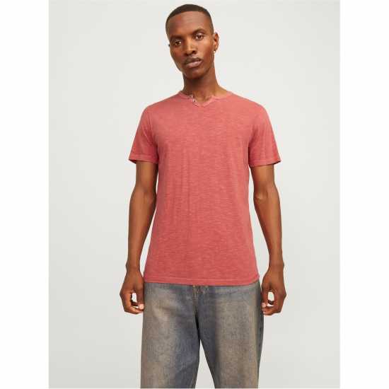 Jack And Jones Regular Fit Split Neck T-Shirt Червена Охра 