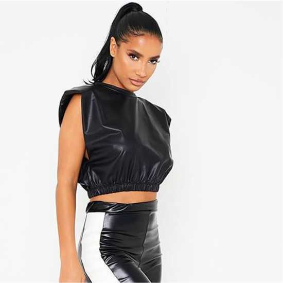 Faux Leather Padded Shoulder Crop Top