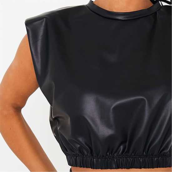 Faux Leather Padded Shoulder Crop Top