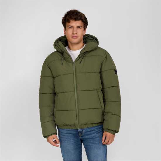 Men Ripstop Jacket High Collar Adjustable Hood Khaki  