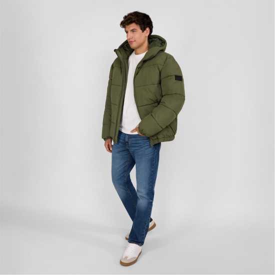 Men Ripstop Jacket High Collar Adjustable Hood Khaki  