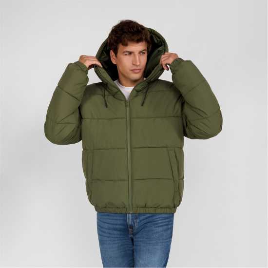 Men Ripstop Jacket High Collar Adjustable Hood Khaki  