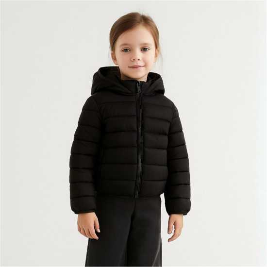 Ватирано Яке Girls Quilted Jacket Detachable Hood Zip Black Ватирано Яке Girls Quilted Jacket Detachable Hood Zip Black