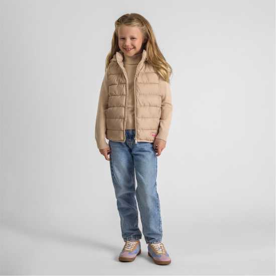 Girls Quilted Gilet Removable Hood Beige  