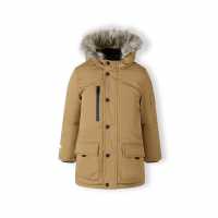 Boys Long Parka With Fur Hood And Chest Pocket Beige  