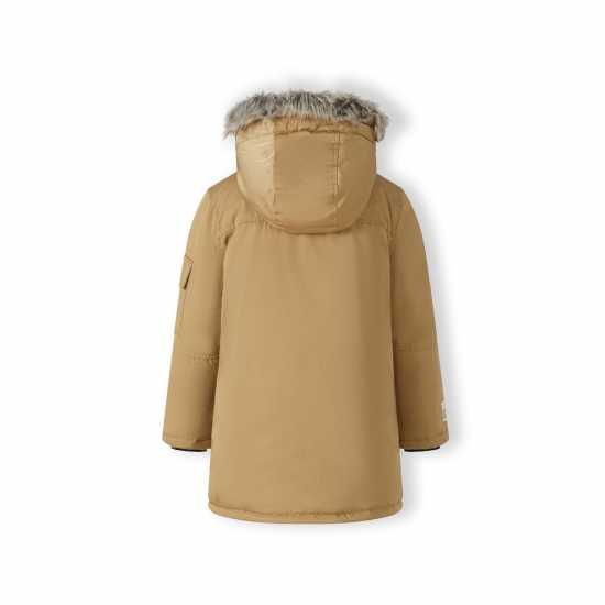 Boys Long Parka With Fur Hood And Chest Pocket Beige Boys Long Parka With Fur Hood And Chest Pocket Beige
