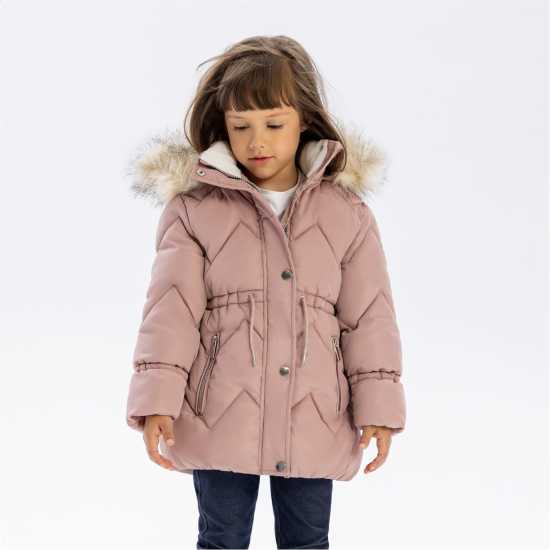 Ватирано Яке Girls Mid Length Quilted Jacket Faux Fur Hood Pink Ватирано Яке Girls Mid Length Quilted Jacket Faux Fur Hood Pink
