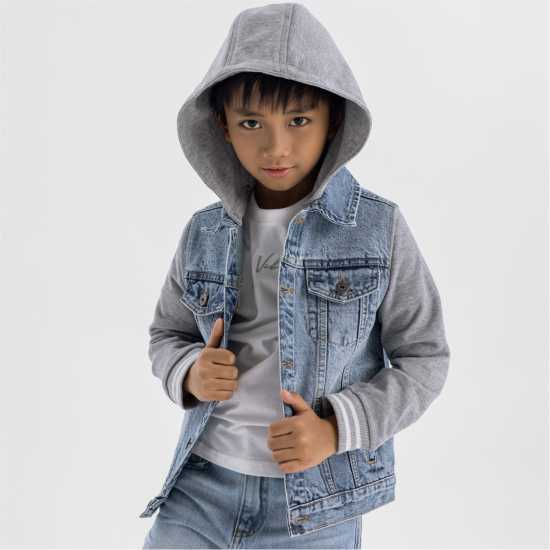 Дънково Яке Boys Denim Jacket Fleece Sleeves Detachable Hood Light Blue Дънково Яке Boys Denim Jacket Fleece Sleeves Detachable Hood Light Blue