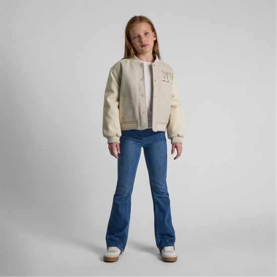 Girls Baseball Style Jacket With Ny Patch And Faux Leather Sleeves Beige Girls Baseball Style Jacket With Ny Patch And Faux Leather Sleeves Beige