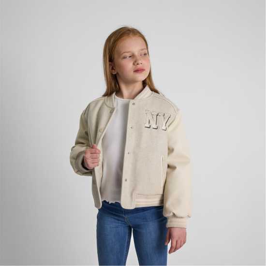 Girls Baseball Style Jacket With Ny Patch And Faux Leather Sleeves Beige Girls Baseball Style Jacket With Ny Patch And Faux Leather Sleeves Beige
