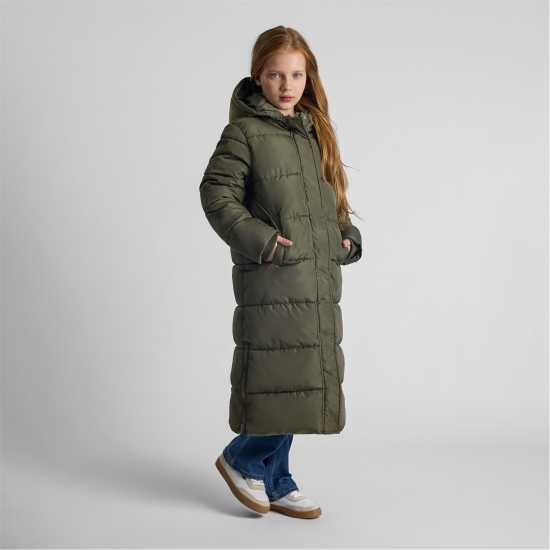 Ватирано Палто Girls Long Winter Quilted Coat Side Slits Khaki  