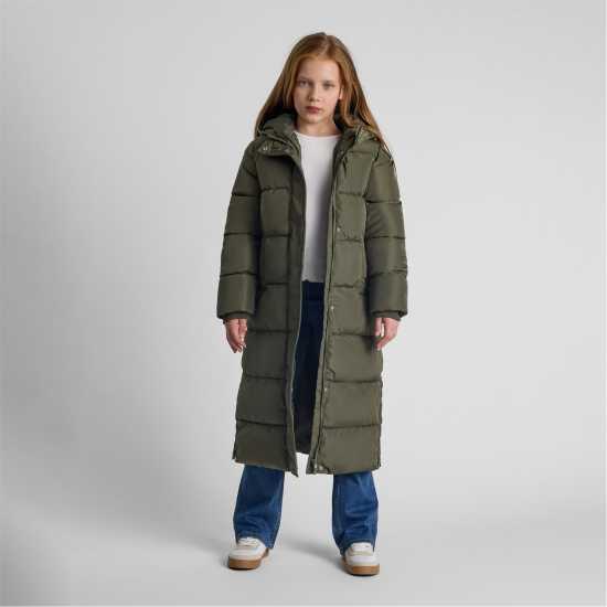 Ватирано Палто Girls Long Winter Quilted Coat Side Slits Khaki  