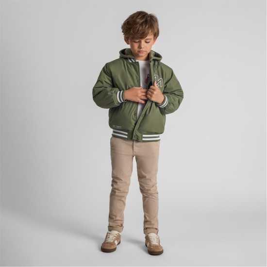 Boys Baseball Jacket Detachable Hood Embroidery Khaki  