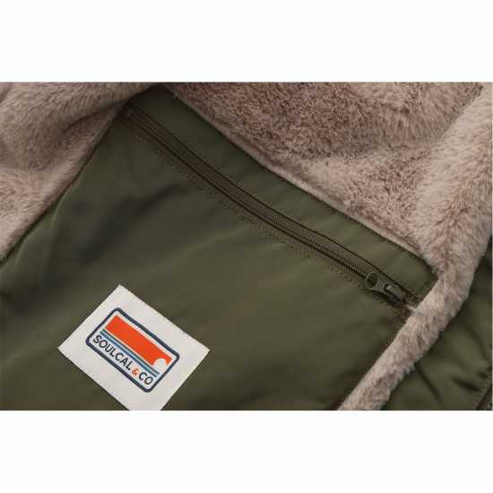 Soulcal Men's 2 Zip Bubble Faux Fur Trim Fleece Lined Short Puffer Jacket Хаки 