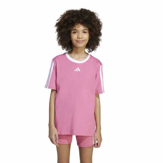 Adidas Essentials 3 Stripe T-Shirt Junior Girls Roston/White Детски тениски и фланелки
