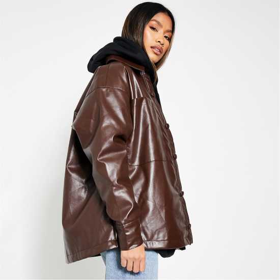 I Saw It First Faux Leather Pocket Detail Oversized Shacket  Дамски грейки