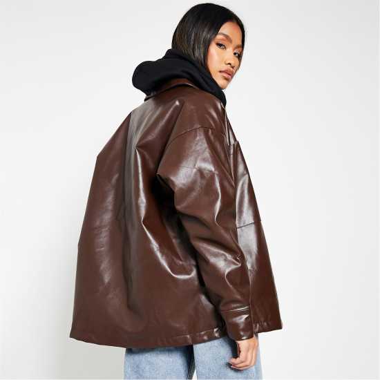 I Saw It First Faux Leather Pocket Detail Oversized Shacket  Дамски грейки