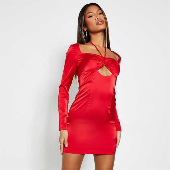 I Saw It First Satin Tie Front Long Sleeve Dress Red Дамски поли и рокли