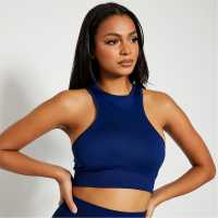 I Saw It First Seamless Racer Neck Active Crop Top Navy Дамски ризи и тениски