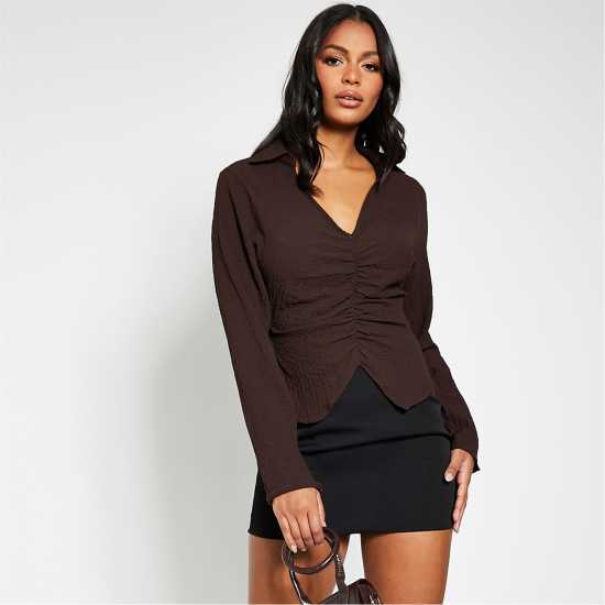 I Saw It First Textured Woven Plunge Ruched Shirt  Дамски ризи и тениски
